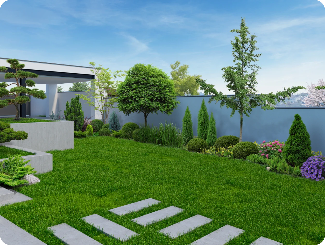 Contemporary backyard with lush greenery